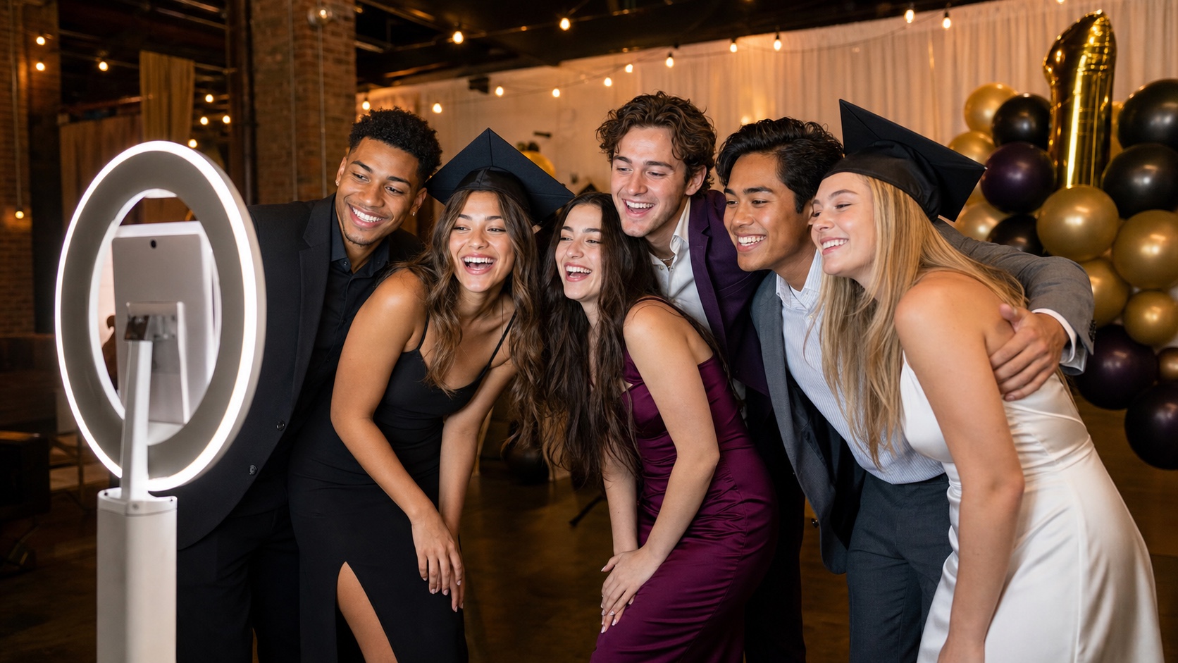 College-aged graduates celebrating together at a selfie booth