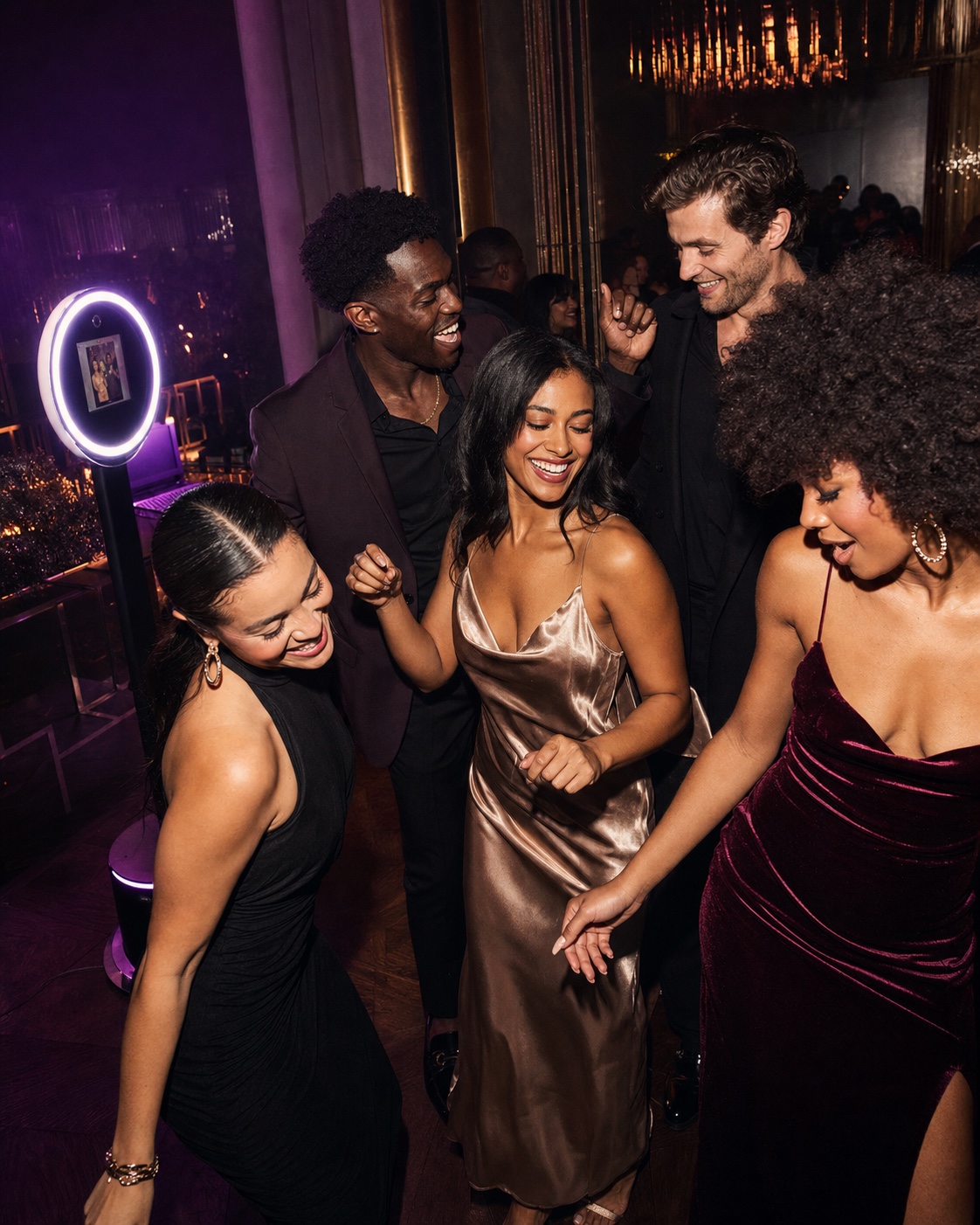 Adult friends dancing at an upscale event with a glowing selfie booth nearby