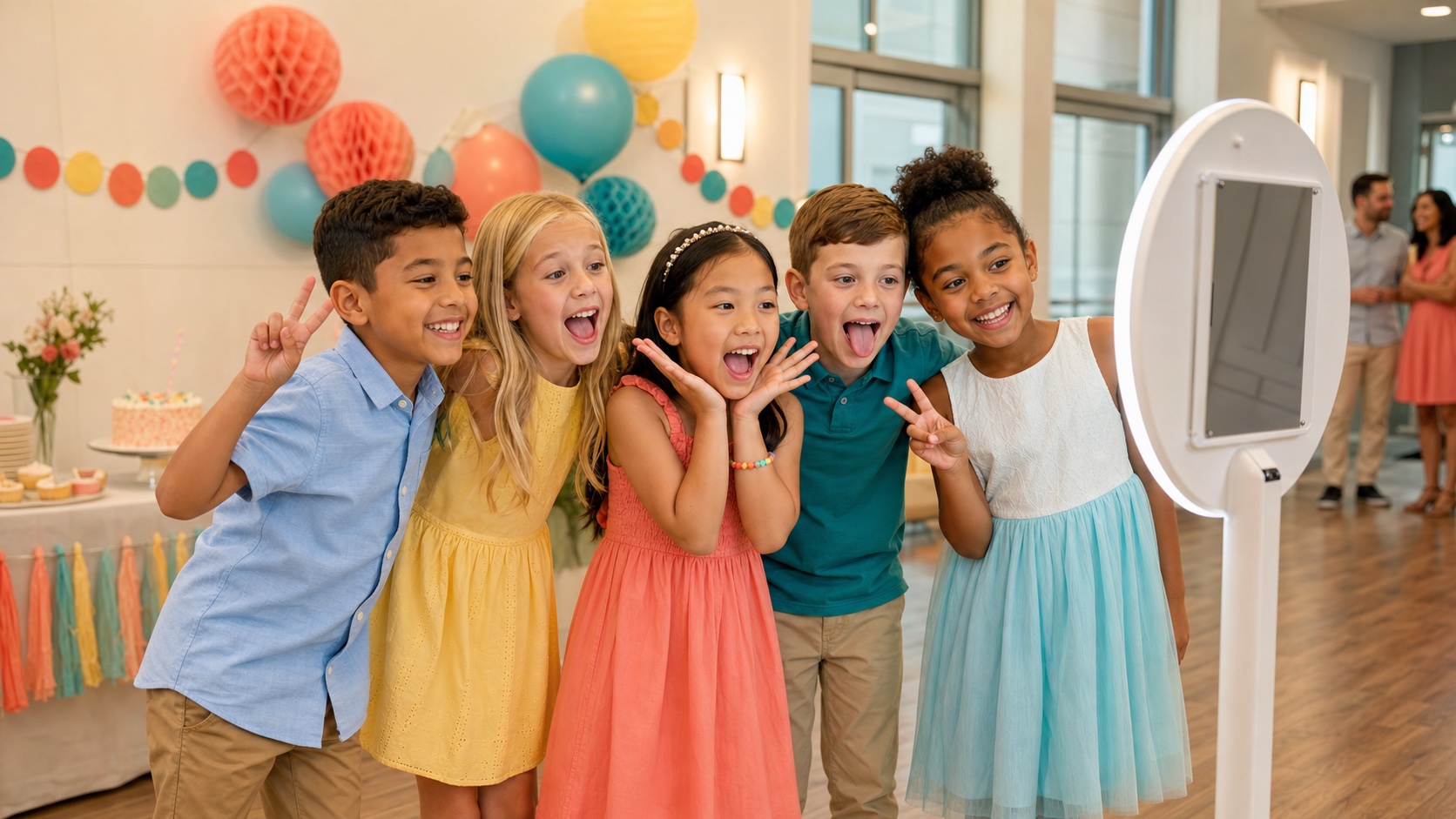 Children posing together at a selfie booth during a supervised birthday party