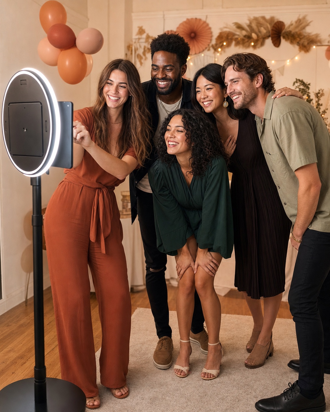A group of friends having fun together at a selfie station with an LED circle light