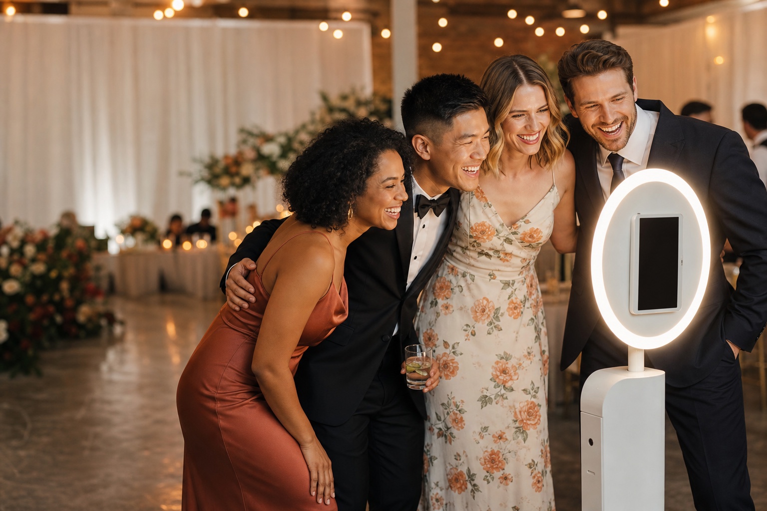 Wedding guests gathered around a bright LED selfie booth